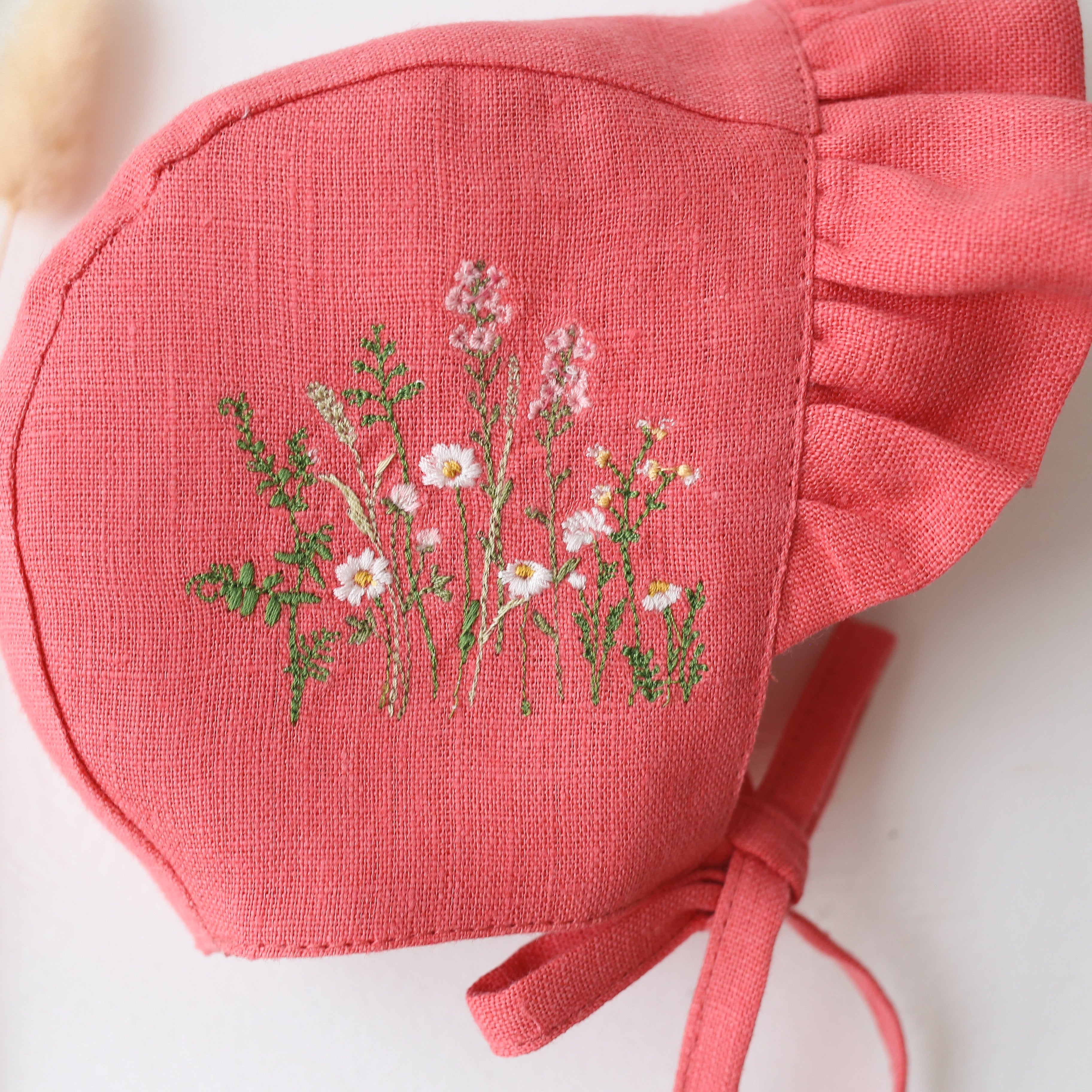 Coral Linen Ruffle Brimmed Bonnet with “Romantic Field” Embroidery