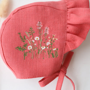 Coral Linen Ruffle Brimmed Bonnet with “Romantic Field” Embroidery