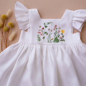 Milk Linen Flutter Sleeve Square Neckline Dress with "Fairy Wildflowers" Embroidery