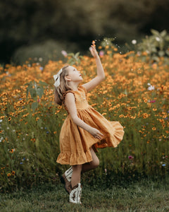 Amber Linen Dress with Ruffled Hem with "Chamomile Flowers" Embroidery