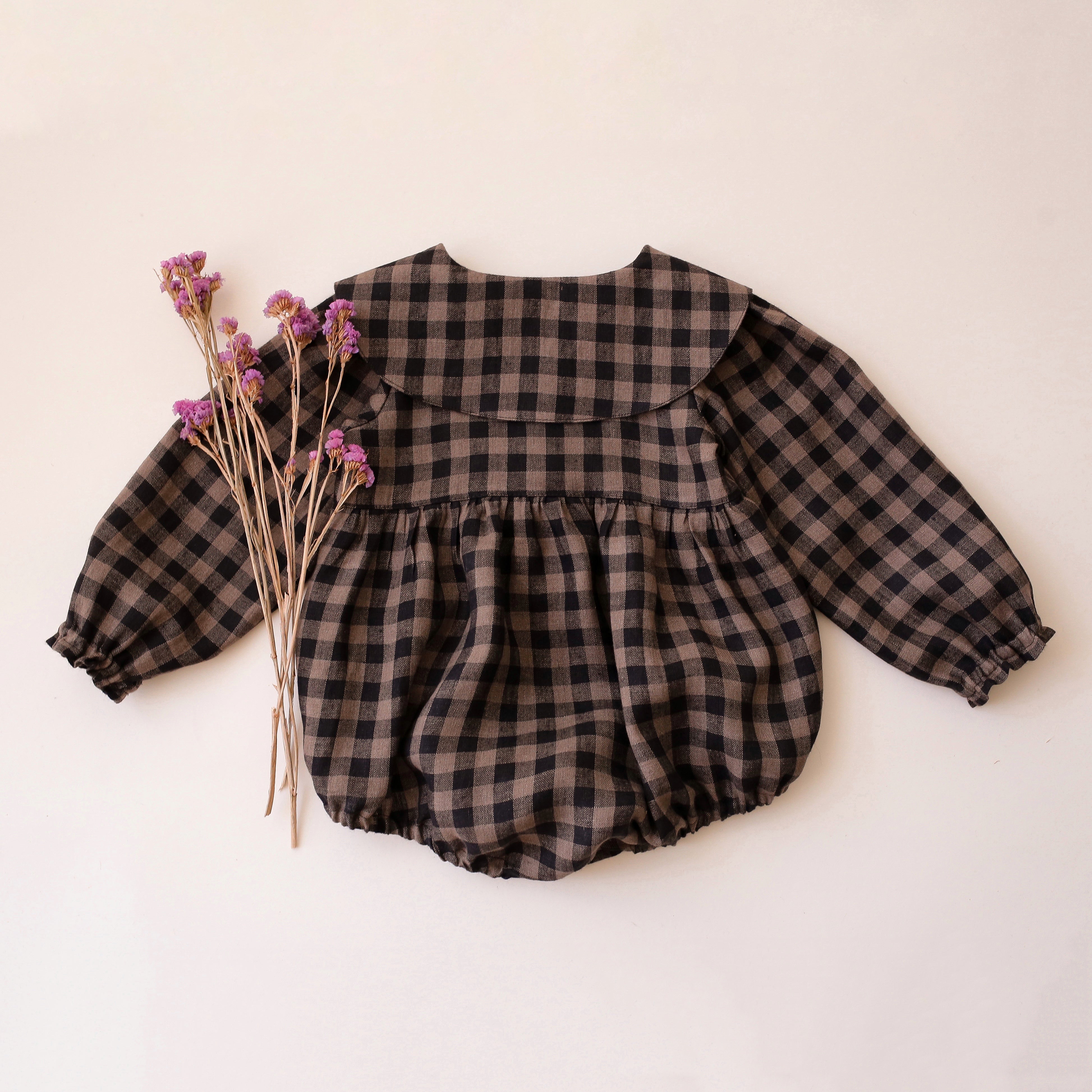 Taupe & Black Check Linen Long Sleeve Pointed Collar Bubble Playsuit