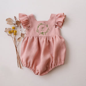 Powder Linen Flutter Sleeve Square Neckline Bubble Playsuit with "Initial Floral Wreath" Embroidery