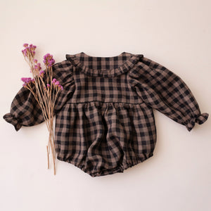 Taupe & Black Check Linen Long Sleeve Frilled Collar Bubble Playsuit