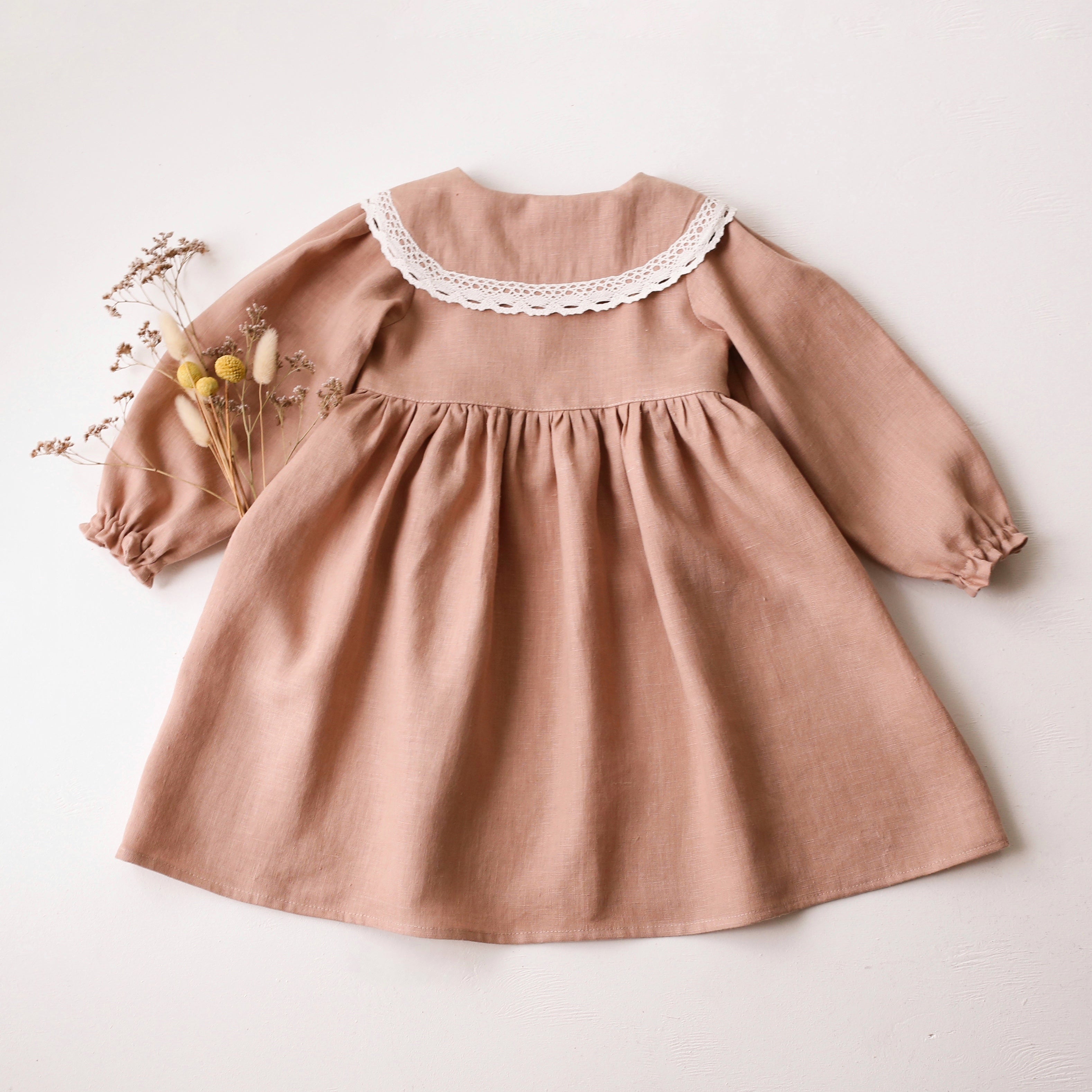 Clay Linen Long Sleeve Pointed Collar Dress with Lace