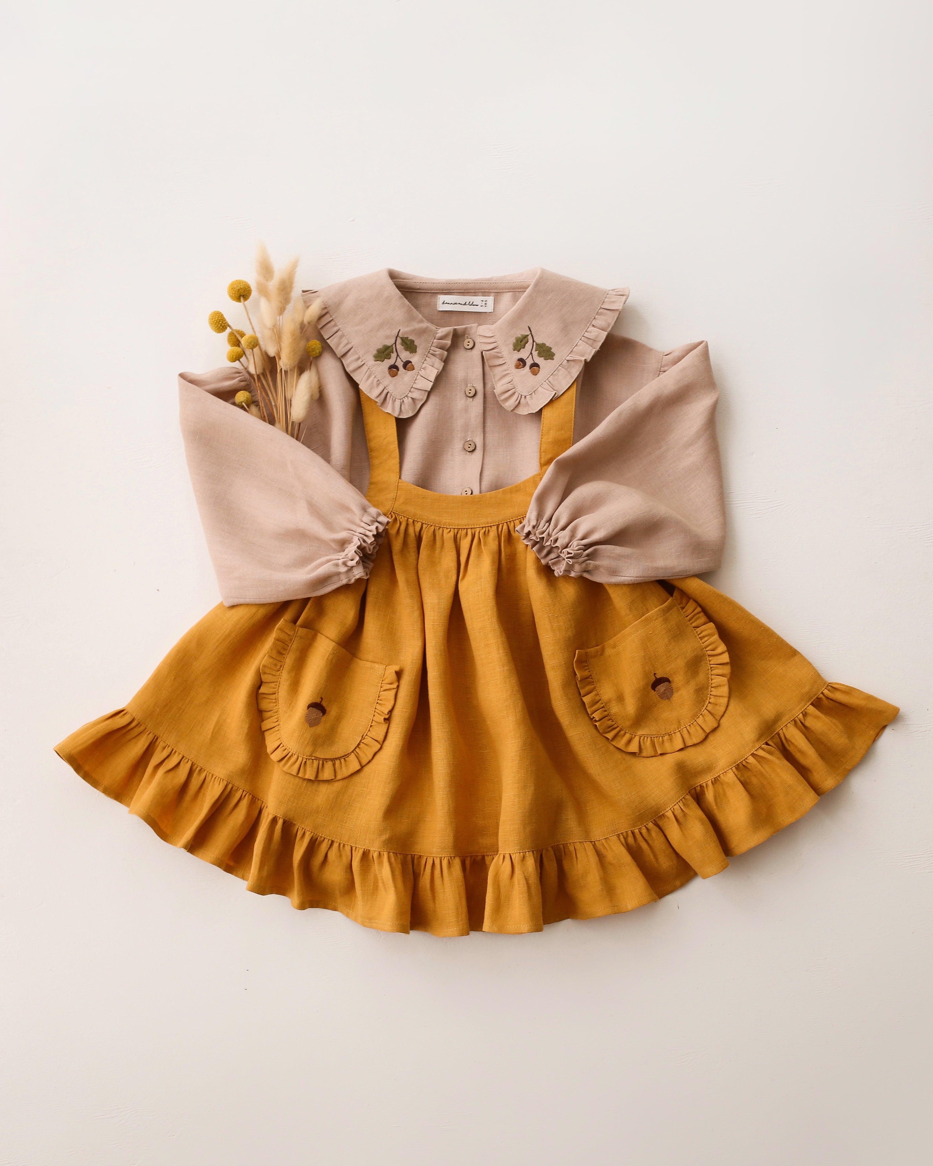 Amber Linen Straps Pinafore with Frills with “Acorn” Embroidery