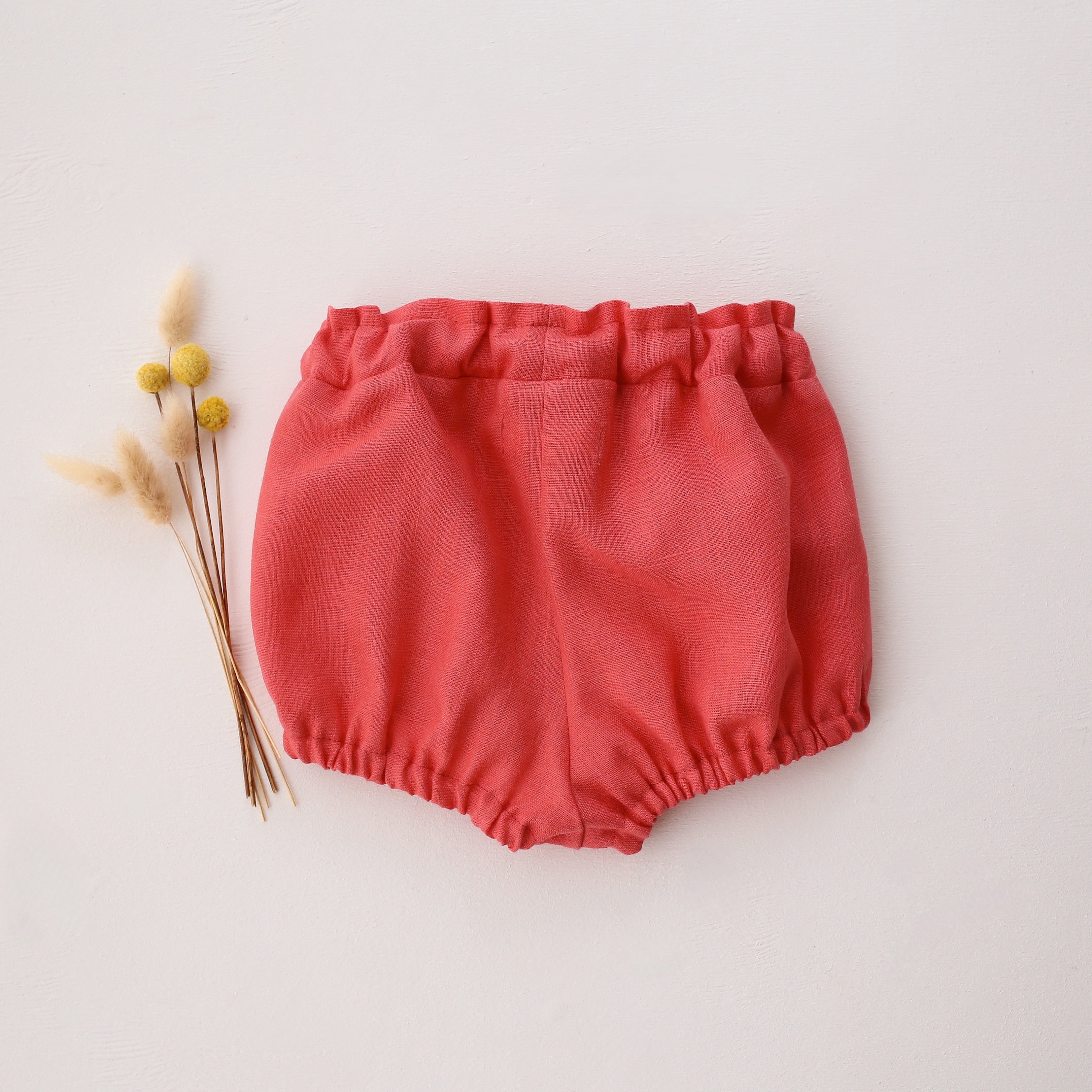 Coral Linen Bubble Shorts with "Petals Harmony" Embroidery