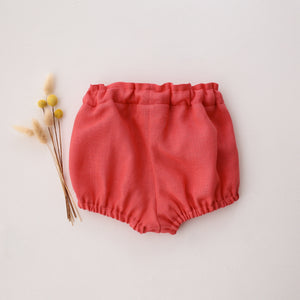 Coral Linen Bubble Shorts with "Petals Harmony" Embroidery