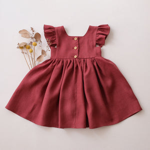 Rosewood Linen Flutter Sleeve Square Neckline Dress with "Wheat Flower Field" Embroidery