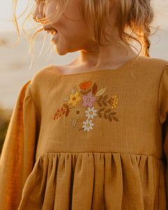 Rust Linen 3/4 Length Sleeve Square Neckline Dress with "Autumn Flowers" Embroidery