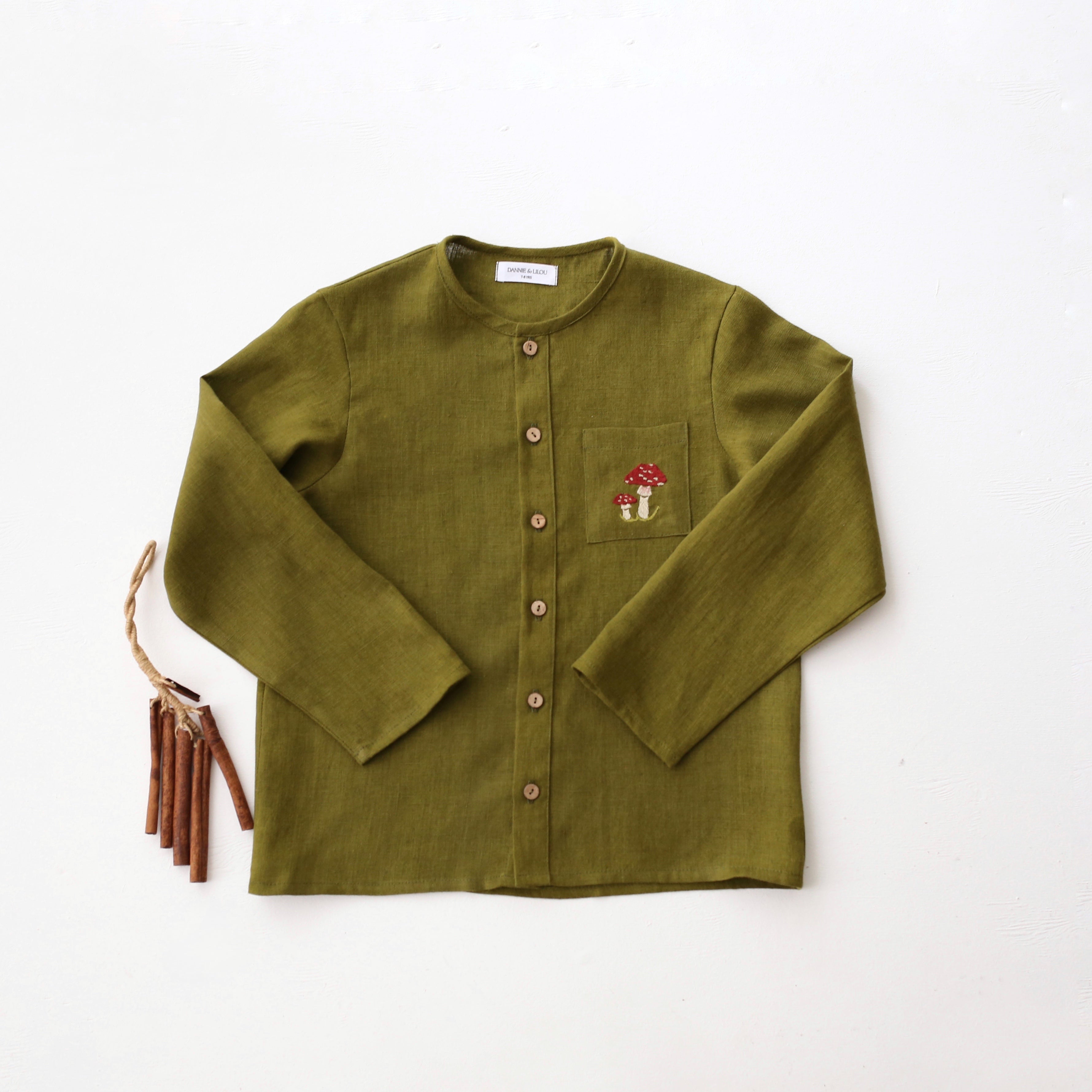 Pine Linen Long Sleeve Button Front Top with Pocket with "Fly Agaric Mushrooms" Embroidery