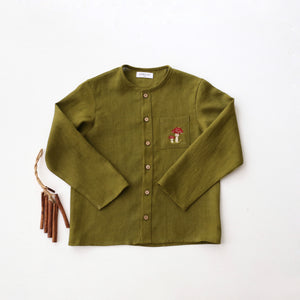 Pine Linen Long Sleeve Button Front Top with Pocket with "Fly Agaric Mushrooms" Embroidery