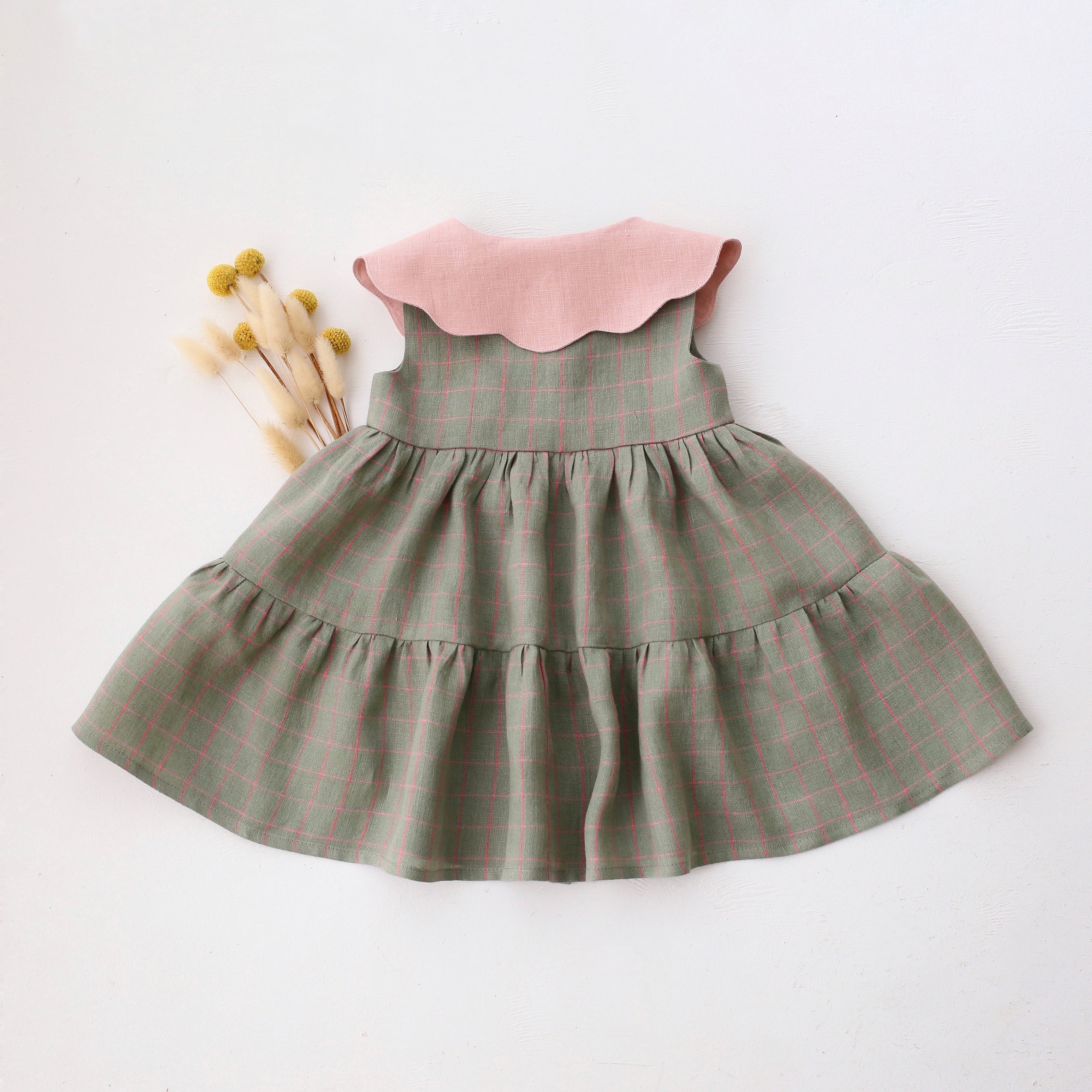Mint & Pink Check Linen Tiered Dress with Petal Collar in Powder Linen with "Strawberry Bouquet" Embroidery