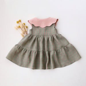 Mint & Pink Check Linen Tiered Dress with Petal Collar in Powder Linen with "Strawberry Bouquet" Embroidery