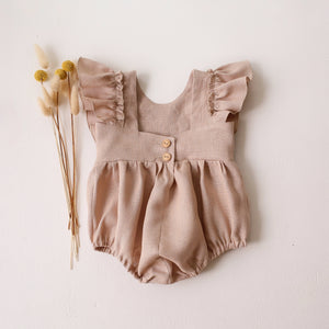 Beige Linen Ruffled Front Bubble Playsuit with “Poppy Meadow” Embroidery