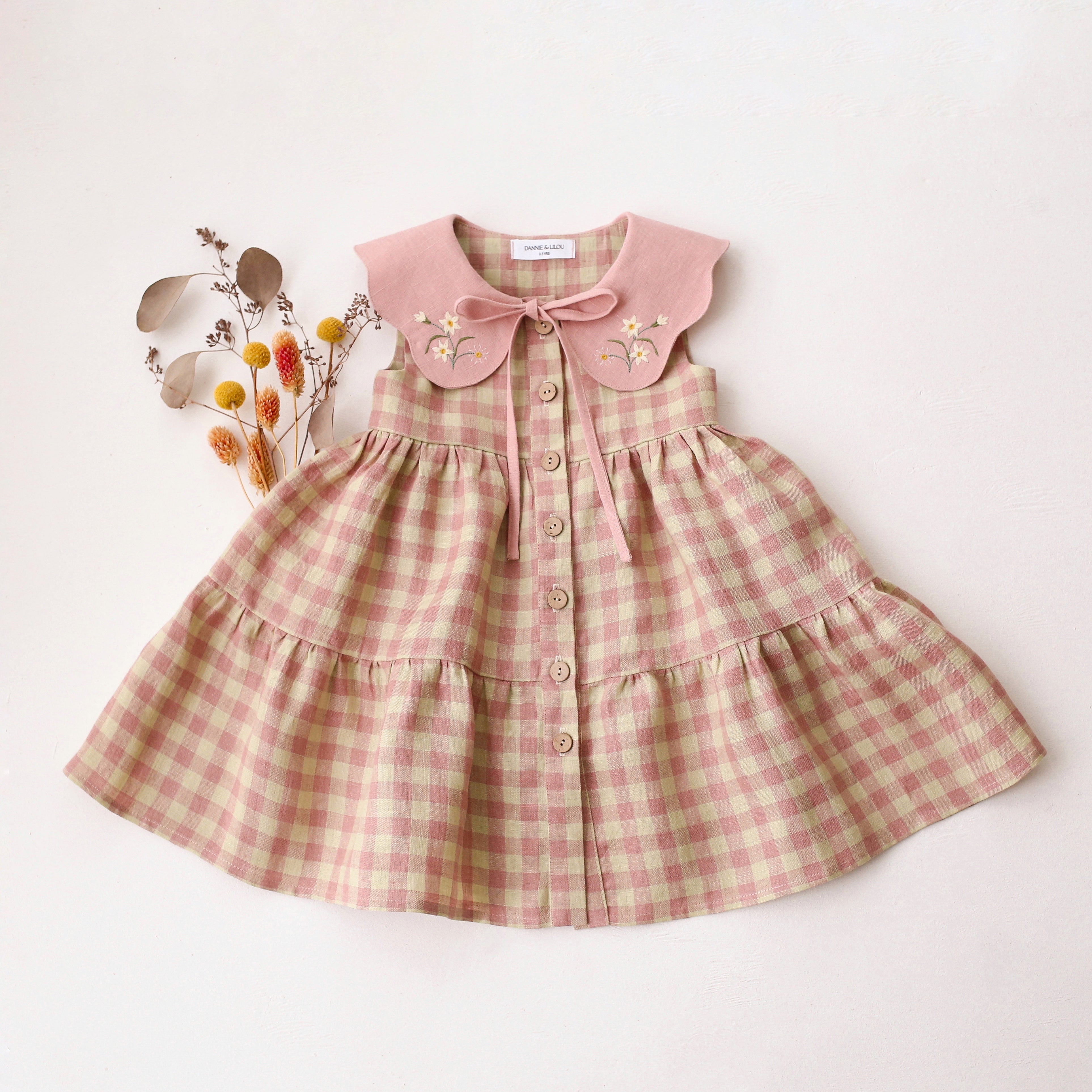 Blush Check Linen Tiered Dress with Petal Collar in Powder Linen with –  Dannie and Lilou