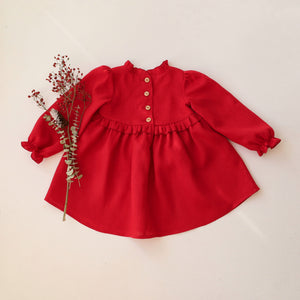 Scarlet Red Linen Long Sleeve Circle Skirt Frills Dress with "Christmas Fox" Embroidery