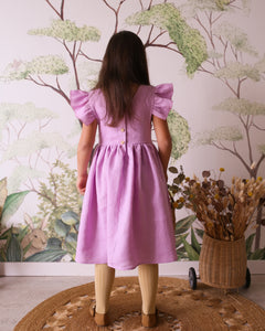 Wisteria Linen Flutter Sleeve Square Neckline Dress with "Wildflowers with Butterfly" Embroidery