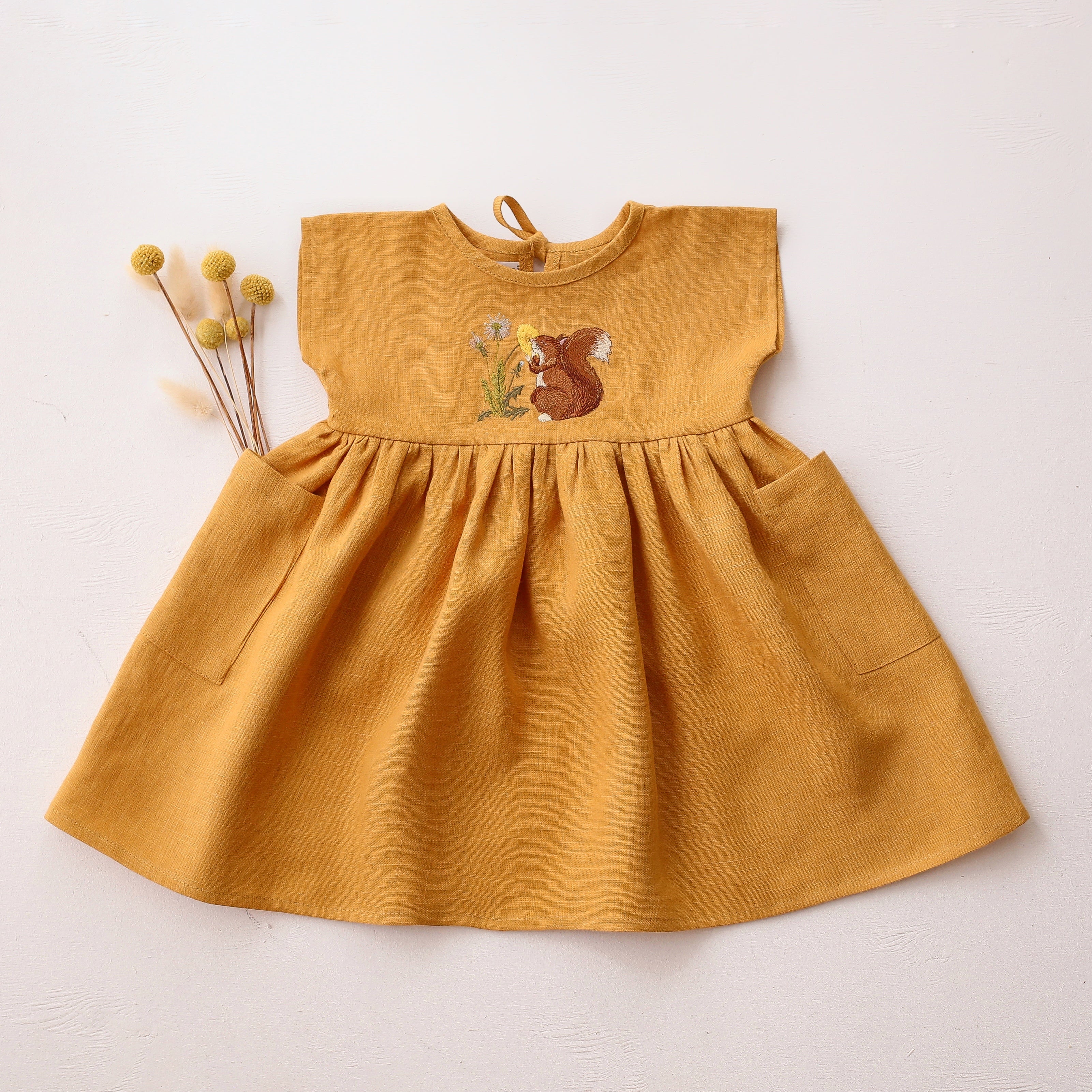 Amber Linen Dolman Style Dress with “Dandelion & Squirrel” Embroidery