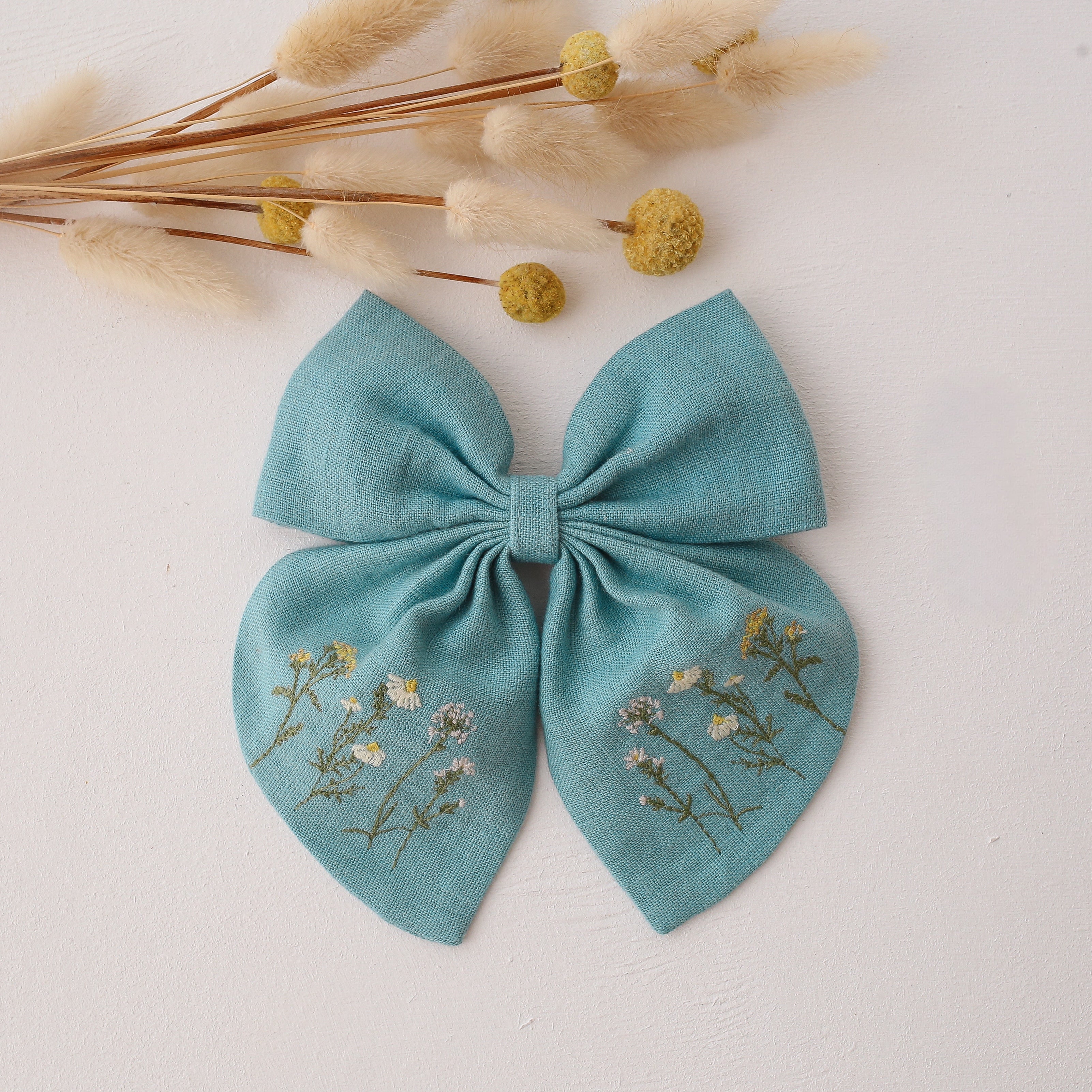 Embroidered Hair Bow with "Chamomile Flowers" Embroidery in Duck Egg Blue Linen