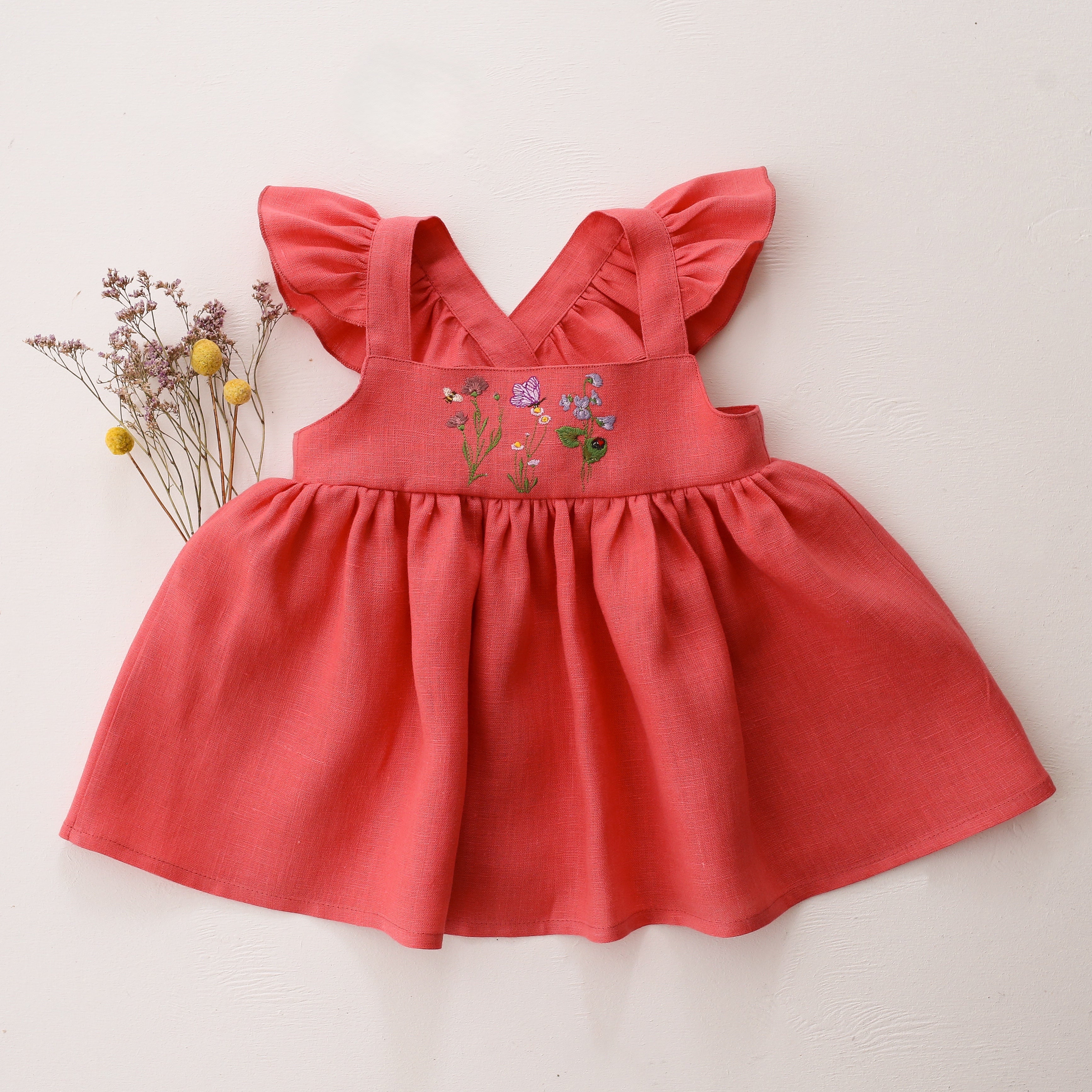 Coral Linen Flutter Straps Top with “Meadow Trio” Embroidery