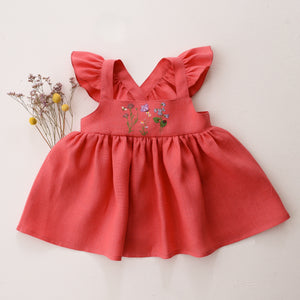Coral Linen Flutter Straps Top with “Meadow Trio” Embroidery