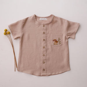 Beige Linen Short Sleeve Buttoned Top with Curved Hemline with "Mushrooms" Embroidery