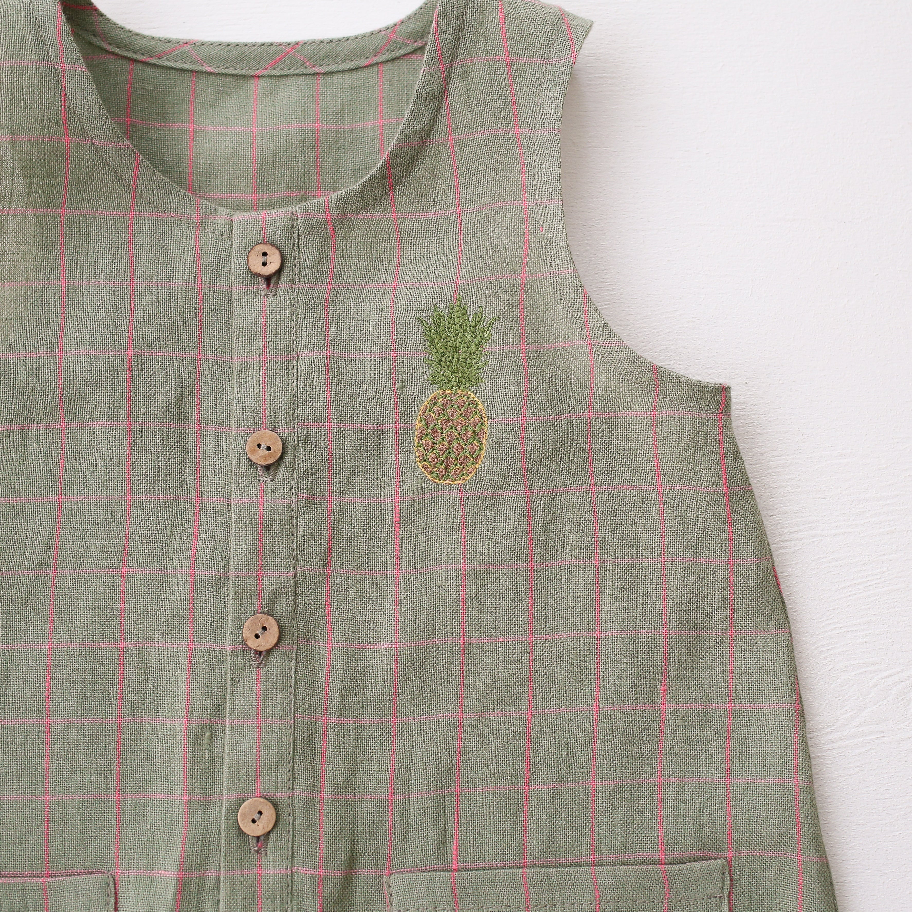 Mint & Pink Check Linen Short Legs Tank Jumpsuit with “Pineapple” Embroidery