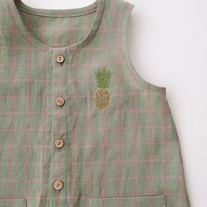 Mint & Pink Check Linen Short Legs Tank Jumpsuit with “Pineapple” Embroidery