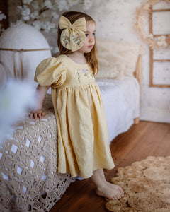 Vanilla Linen Criss-Cross Back Dress with "Spring Flowers" Embroidery