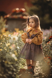 Rose Smoke Linen Frilled Collar Bubble Sleeve Blouse with "Mini Flowers" Embroidery