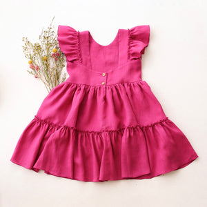 Raspberry Linen Ruffled Front Tiered Dress with “Wildflowers with Butterfly“ Embroidery