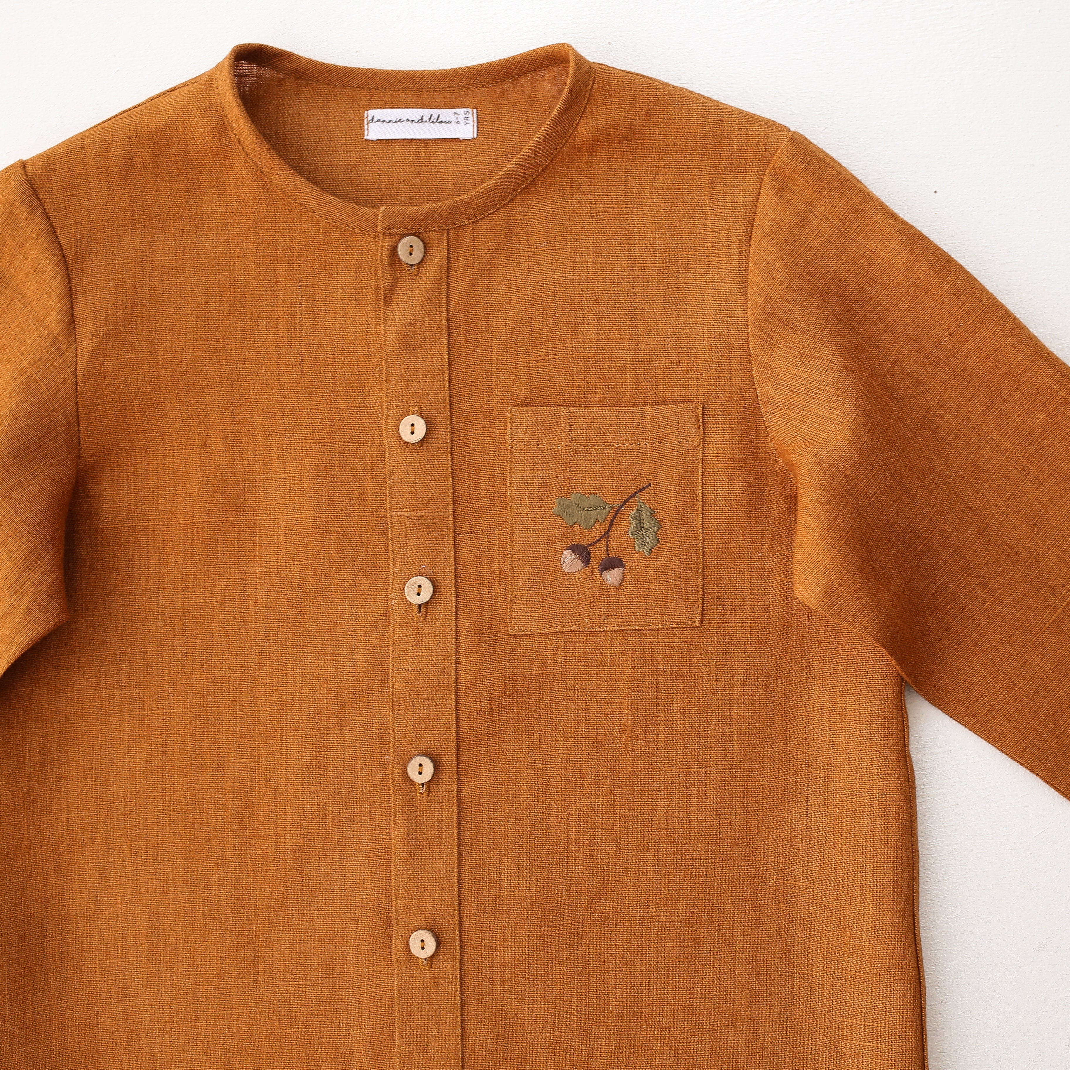 Burnt Orange Linen Long Sleeve Button Front Top with Pocket with "Mini Acorns" Embroidery