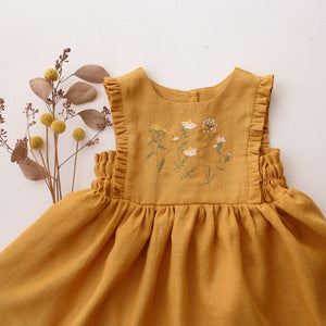 Amber Linen Dress with Ruffled Hem with "Chamomile Flowers" Embroidery