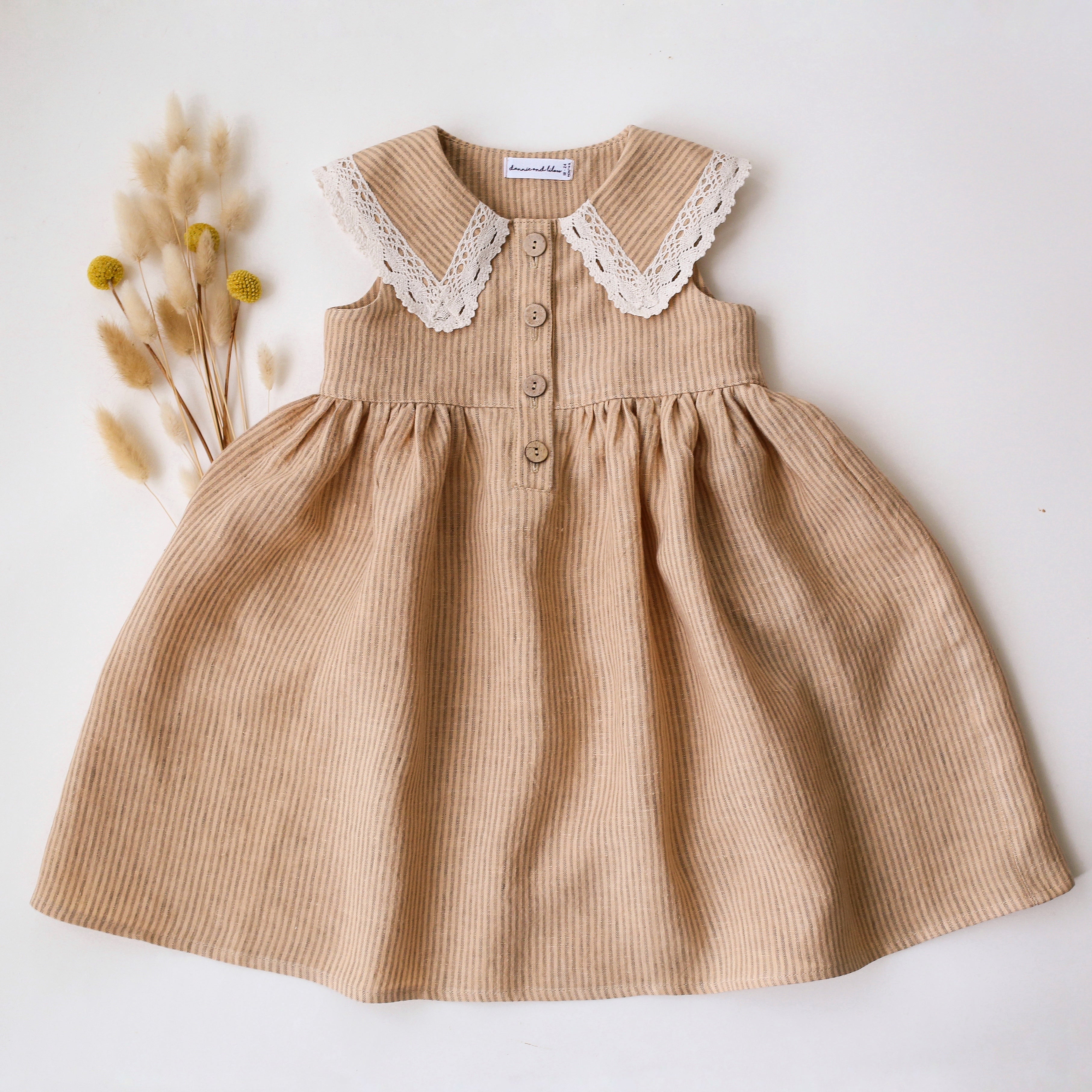 Desert Tan Stripe Linen Pointed Collar Dress with Lace