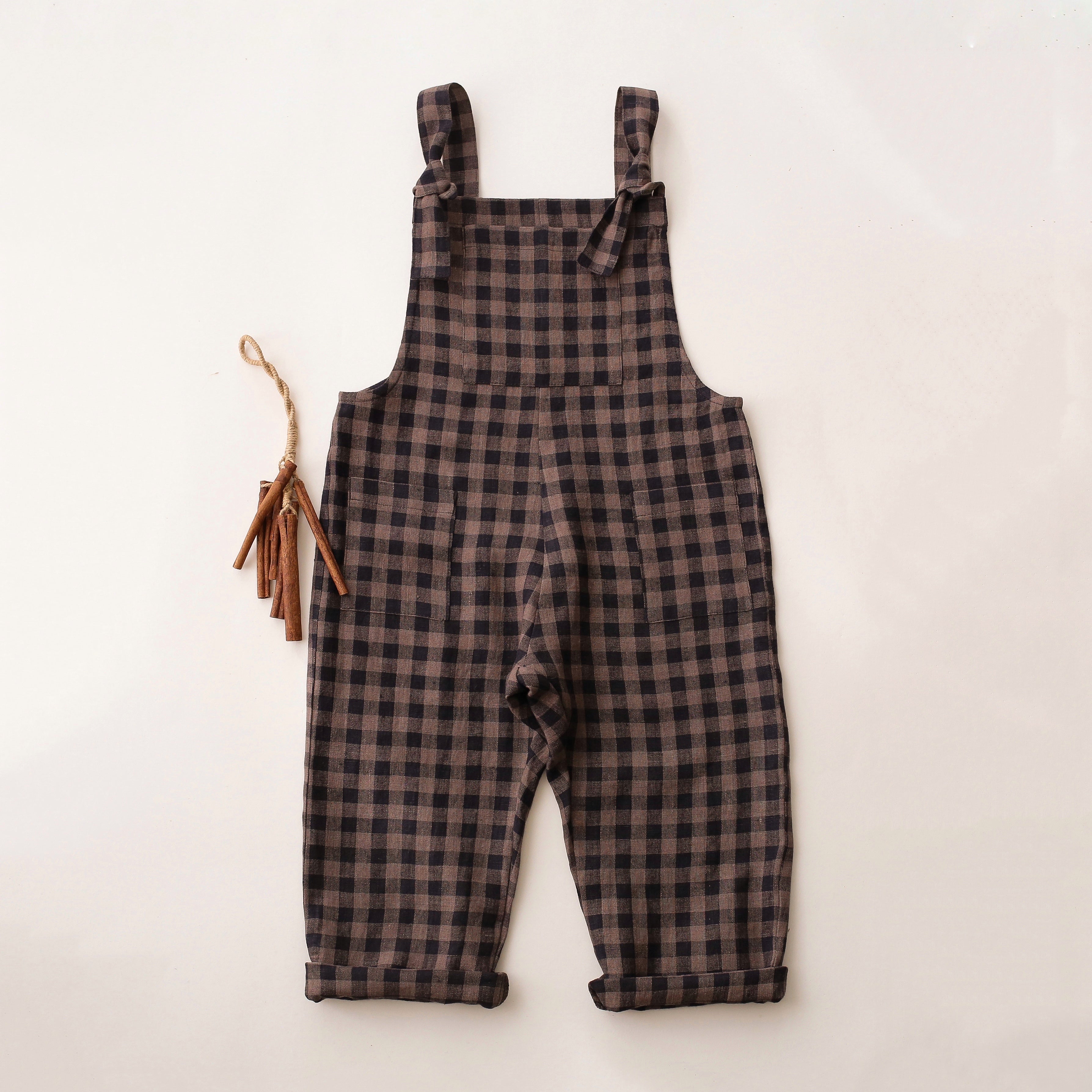 Taupe & Black Check Linen Dungarees