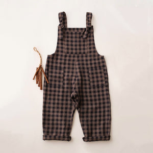 Taupe & Black Check Linen Dungarees
