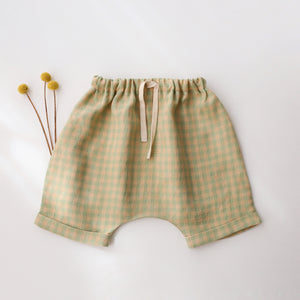Green Gingham Linen Harem Shorts
