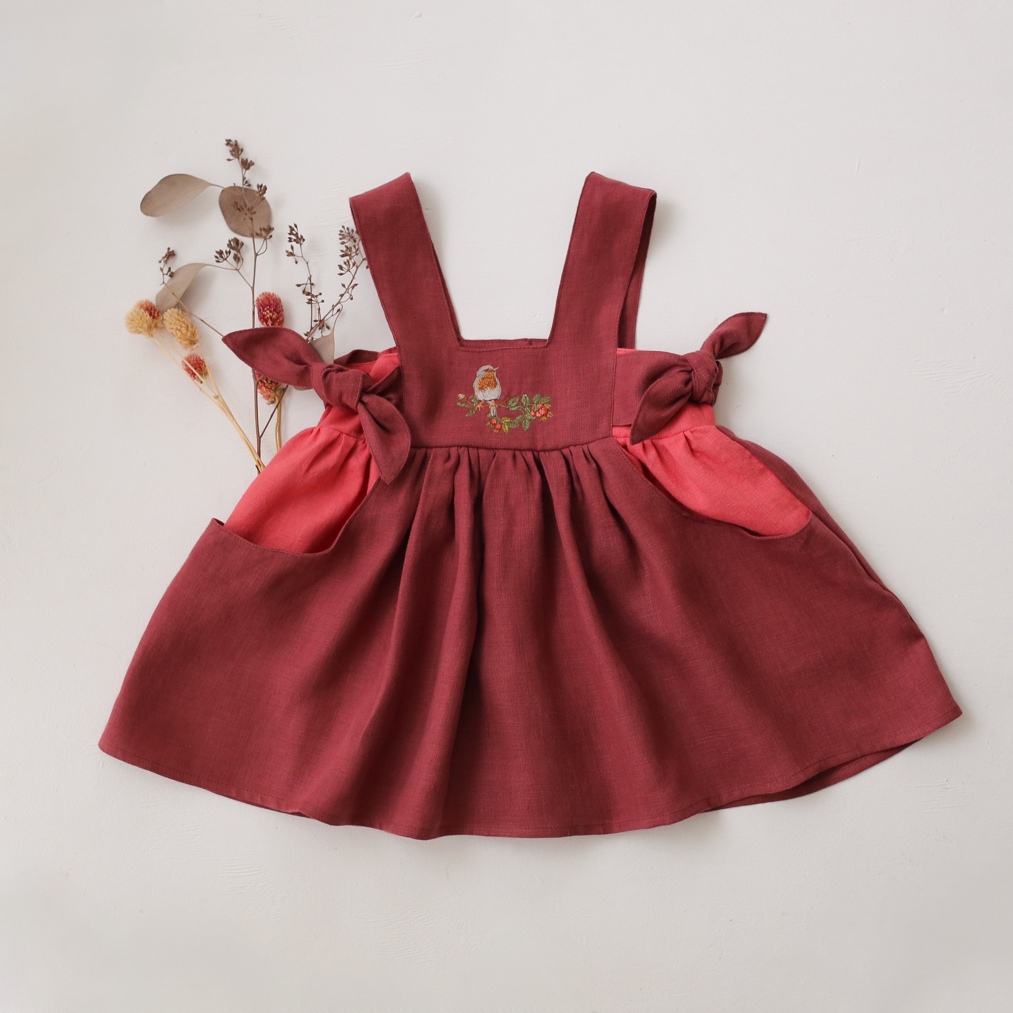 Rosewood Linen Square Neckline Pinafore with Coral Linen Pockets & “Bird on Berry Branch” Embroidery