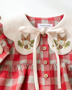 Cherry Check Linen Long Sleeve Bubble Playsuit with Petal Collar in Ivory Linen with "Fox with Pinecone" Embroidery
