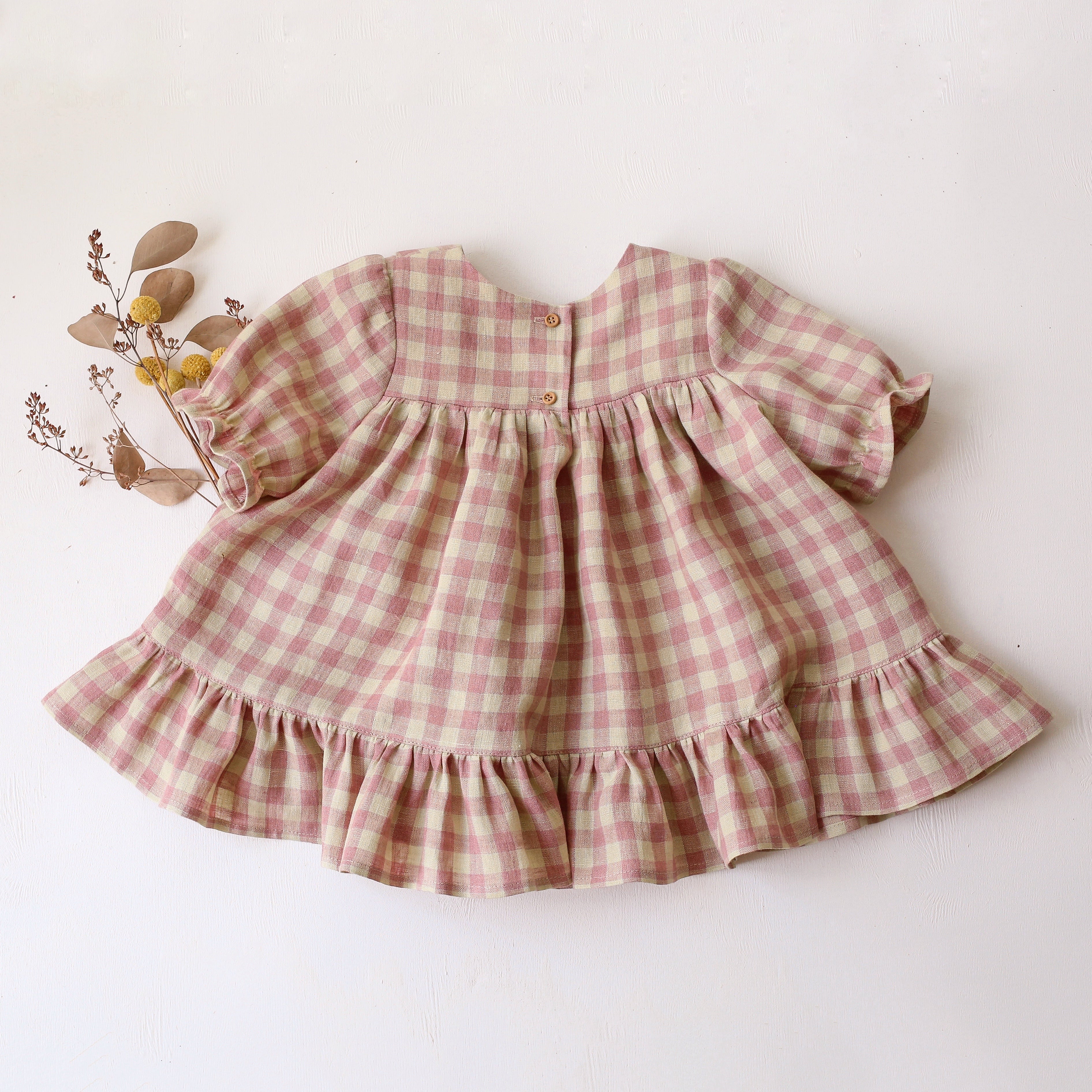 Blush & Cream Gingham Linen Short Sleeve Babydoll Bodice Top with Ruffled Hem