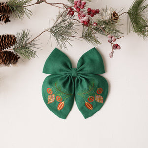 Embroidered Hair Bow with "Christmas Baubles" Embroidery in Emerald Green Linen