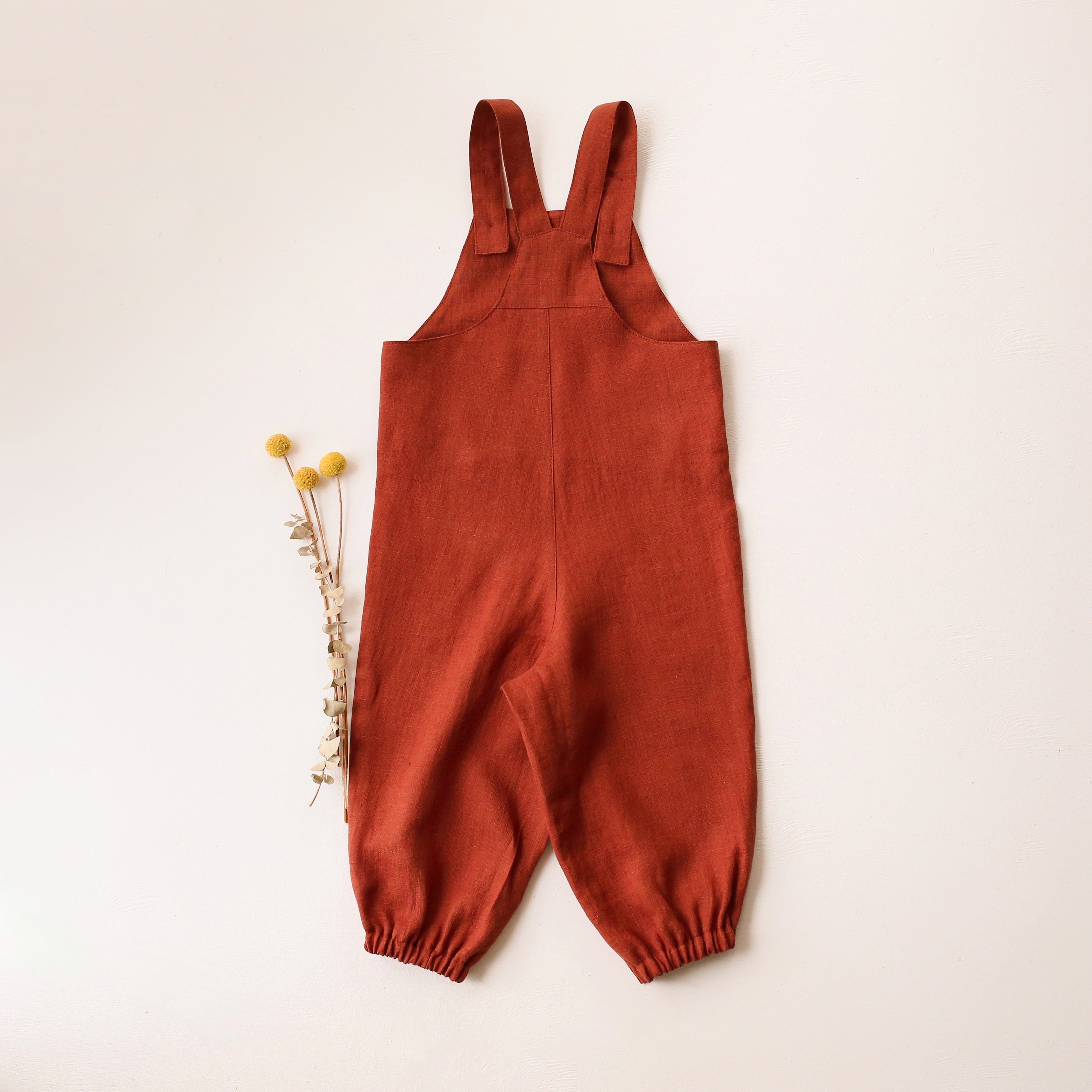 Rust Linen Kangaroo Pocket Buttoned Dungaree with "Mushrooms" Embroidery