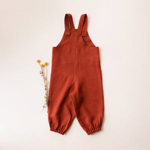 Rust Linen Kangaroo Pocket Buttoned Dungaree with "Mushrooms" Embroidery