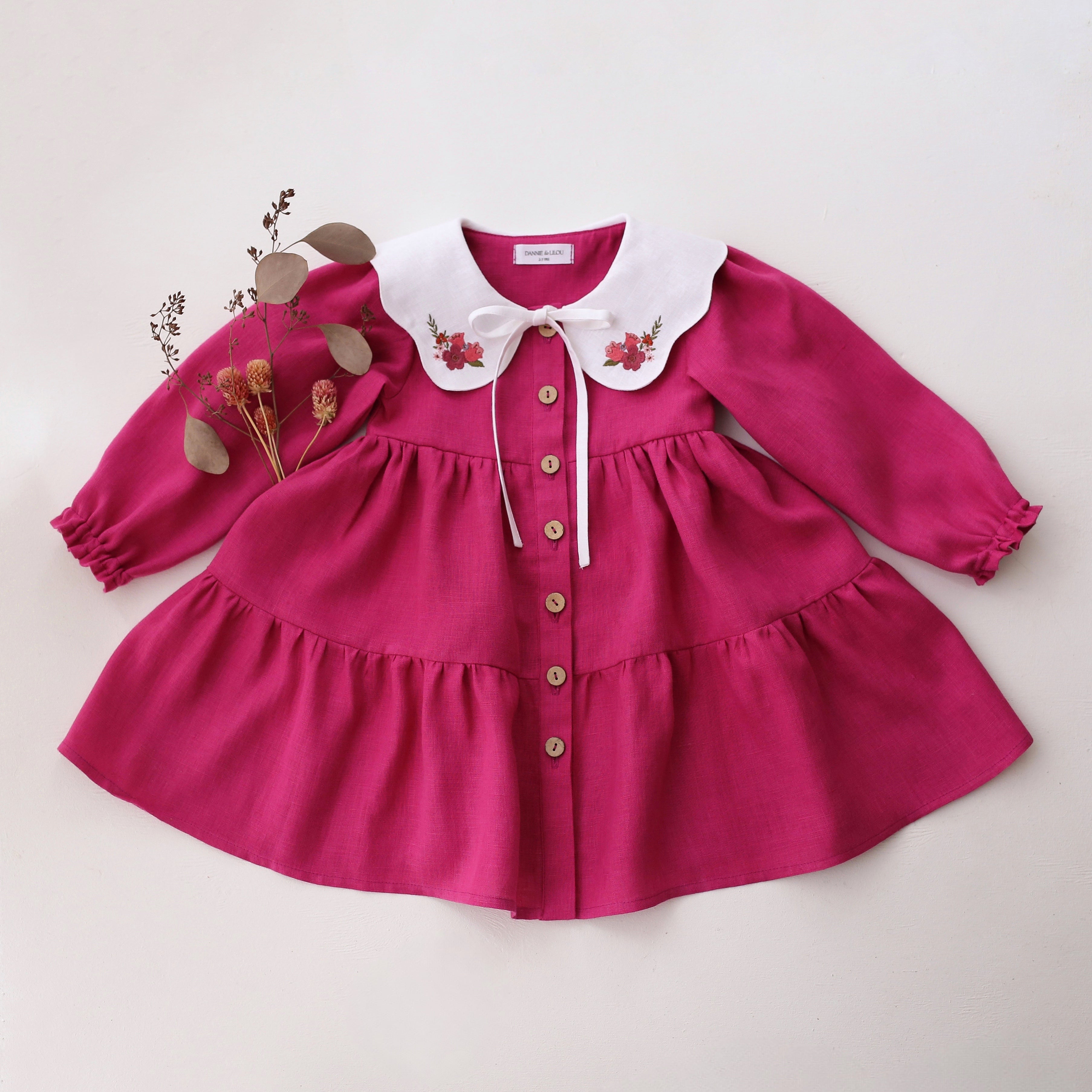 Raspberry Linen Long Sleeve Tiered Dress with Petal Collar in White Linen with "Mini Flowers" Embroidery