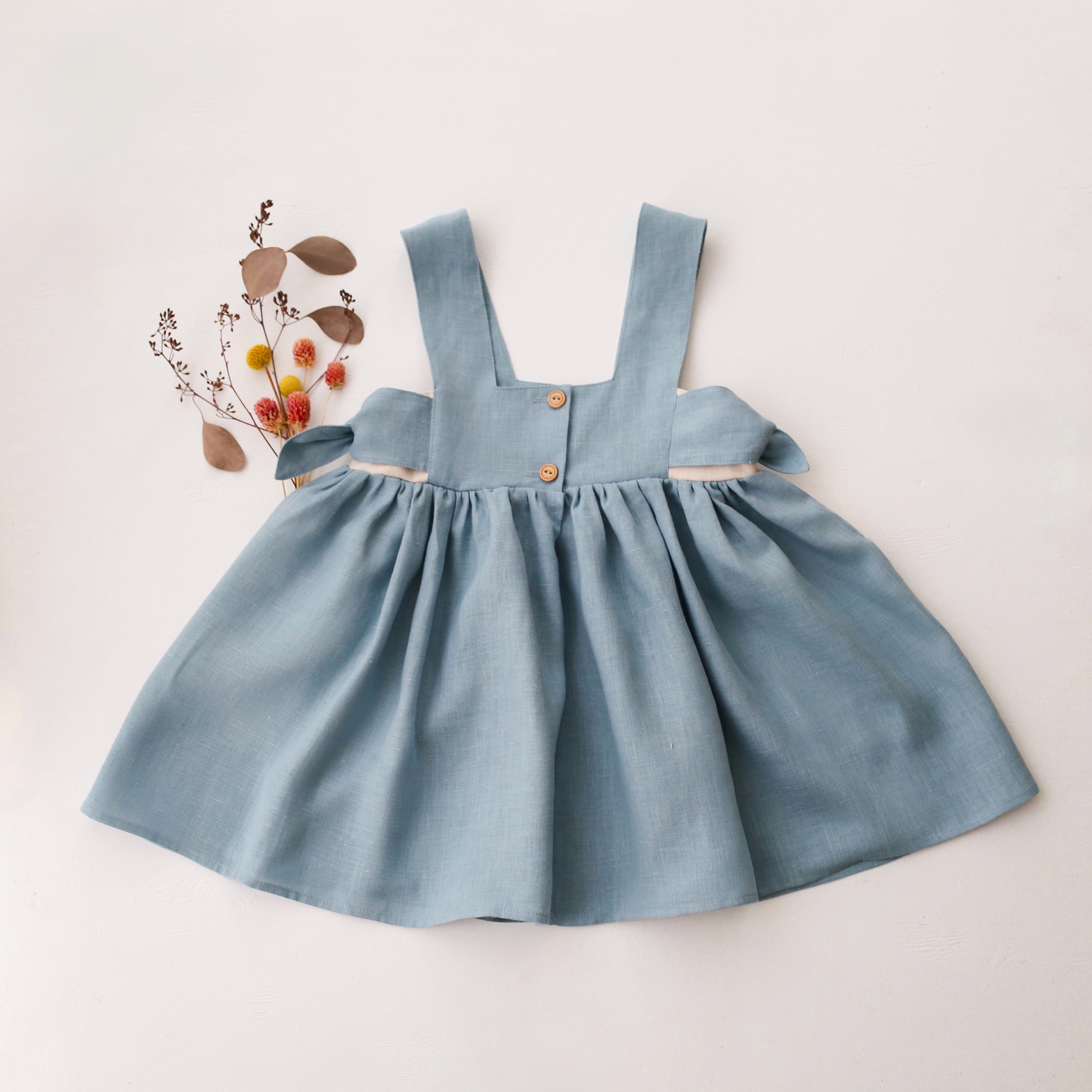 Chalky Blue Linen Square Neckline Pinafore with Ivory Linen Pockets