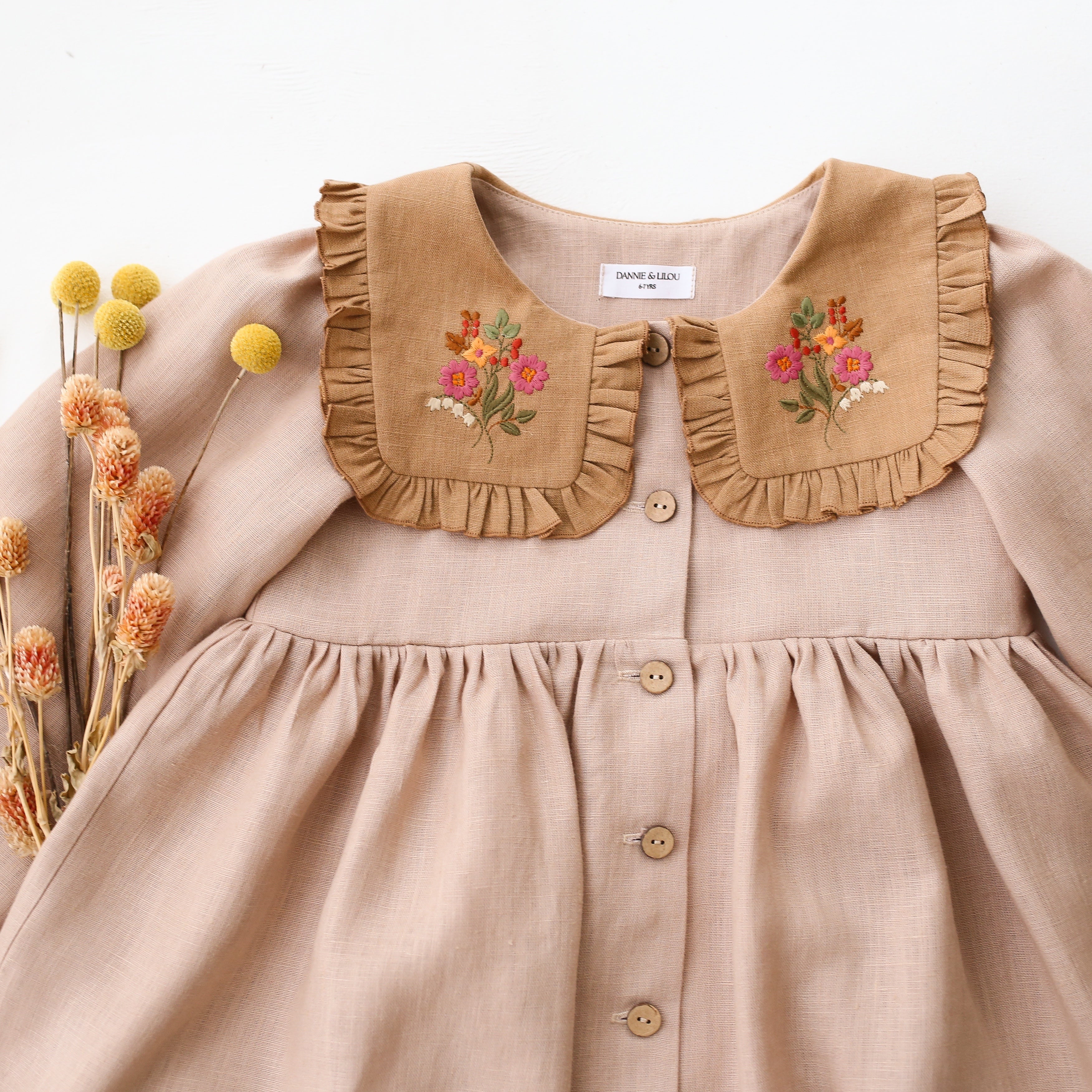 Beige Linen Long Sleeve Dress with Square Collar in Latte Linen and "Cottage Bouquet" Embroidery