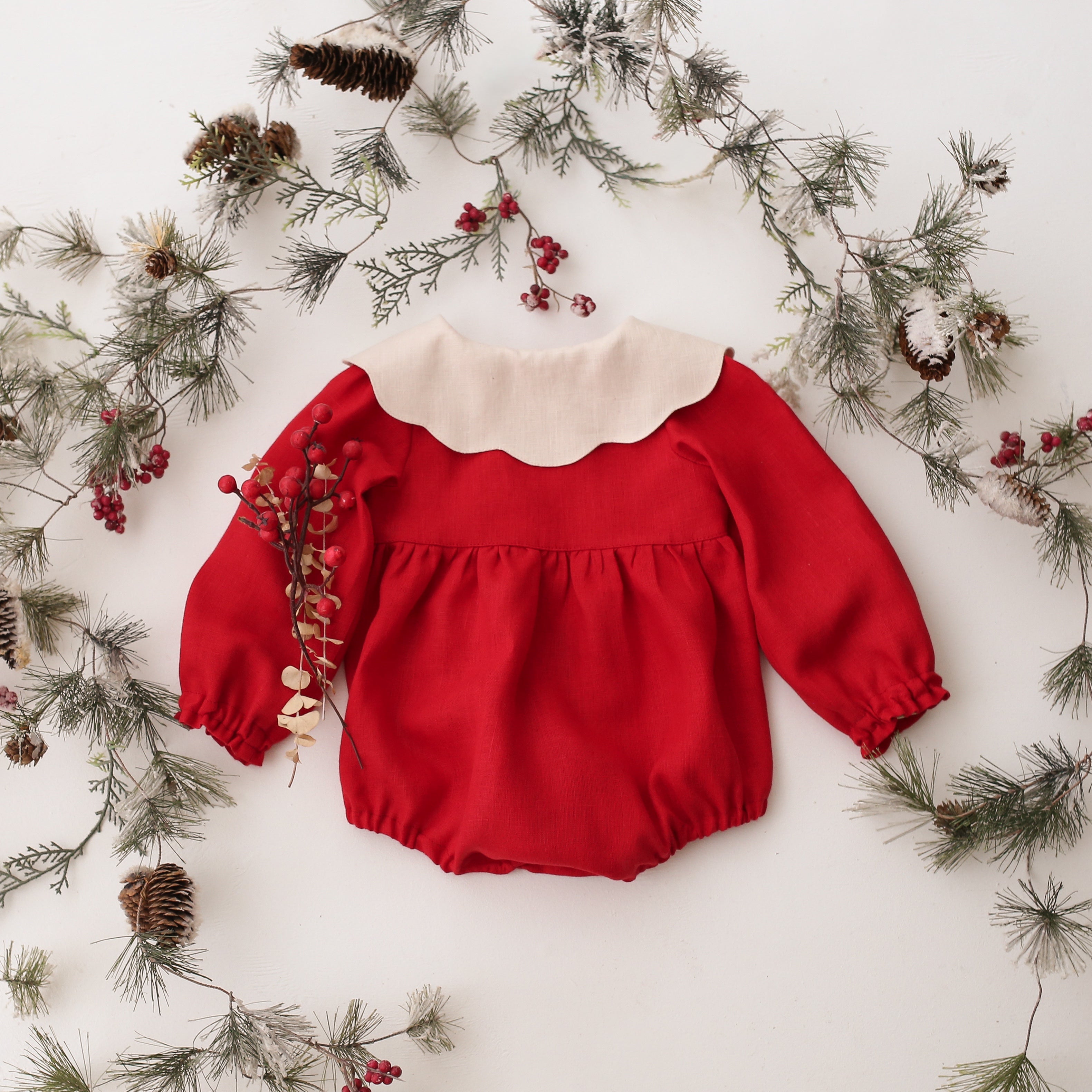 Scarlet Red Linen Long Sleeve Bubble Playsuit with Petal Collar in Ivory Linen with "Christmas Tree & Bunny” Embroidery