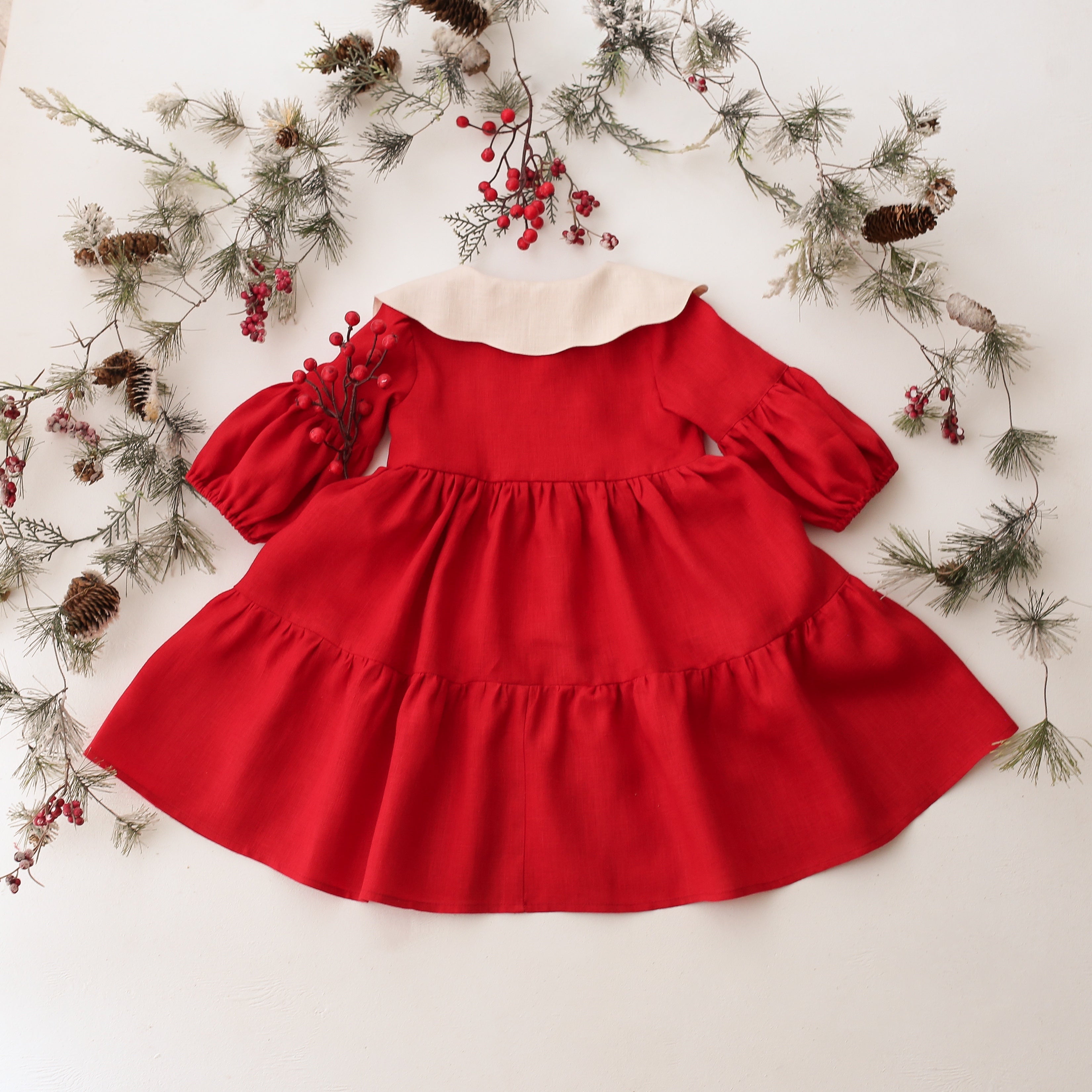 Scarlet Red Linen Lantern Sleeve Tiered Dress with Scalloped Collar in Ivory Linen with "Christmas Robin" Embroidery
