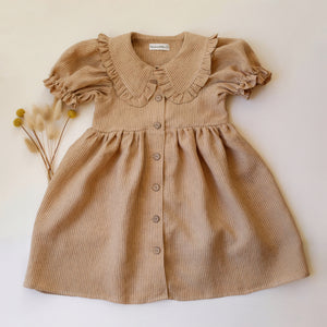 Desert Tan Stripe Linen Short Sleeve Frilled Collar Dress