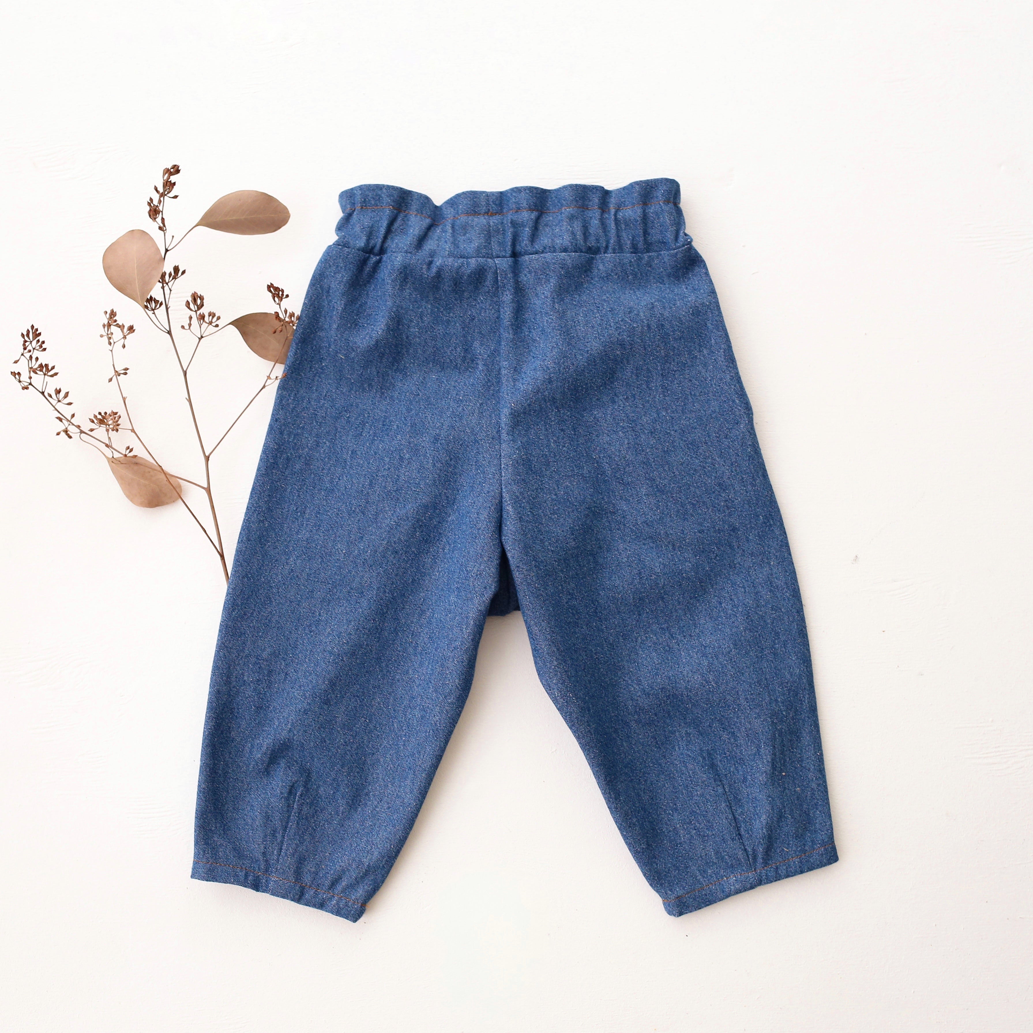 Dark Blue Denim Paperbag Waist Trousers with “Rosehip” Embroidery